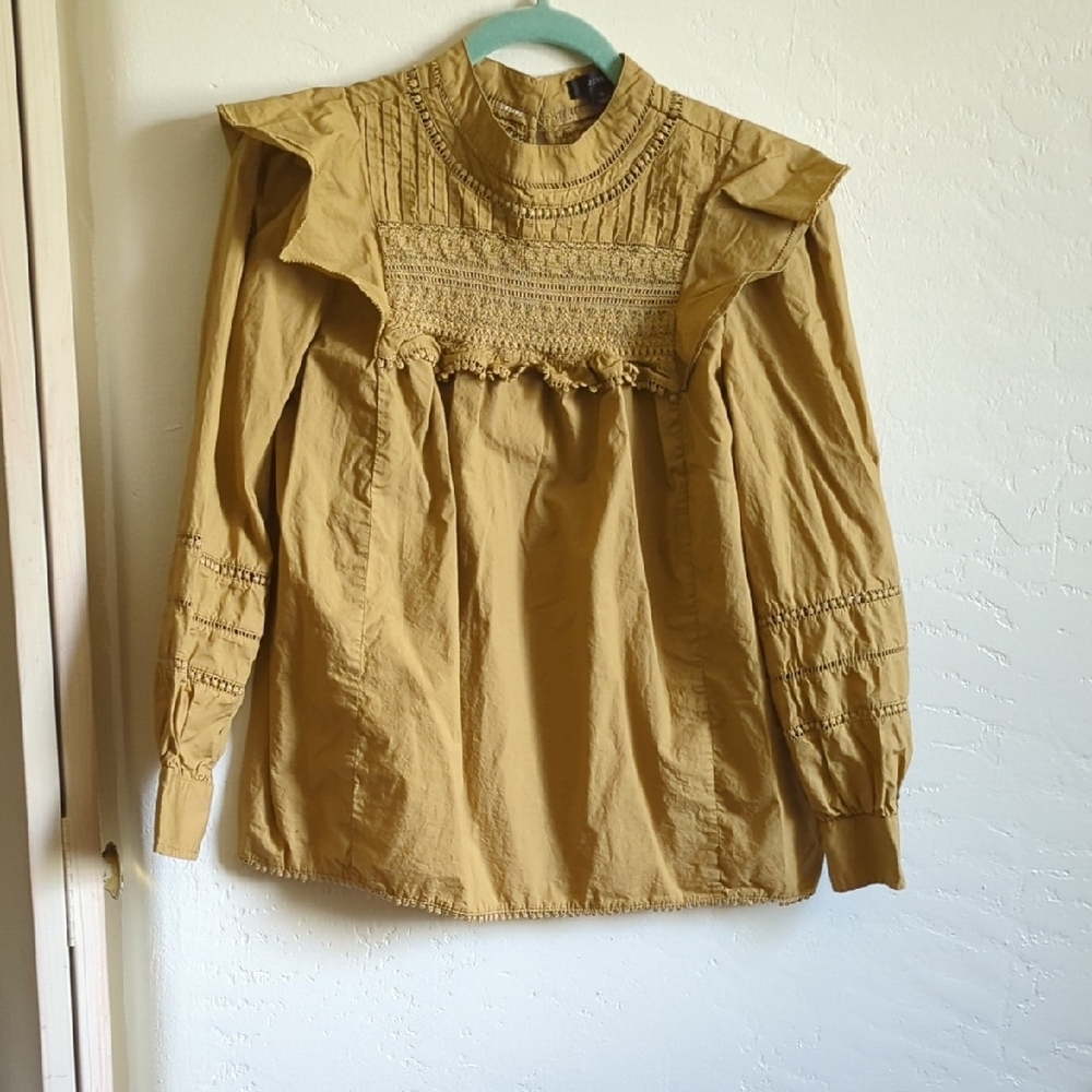 J. Crew Tan Blouse with Ruffle Detail